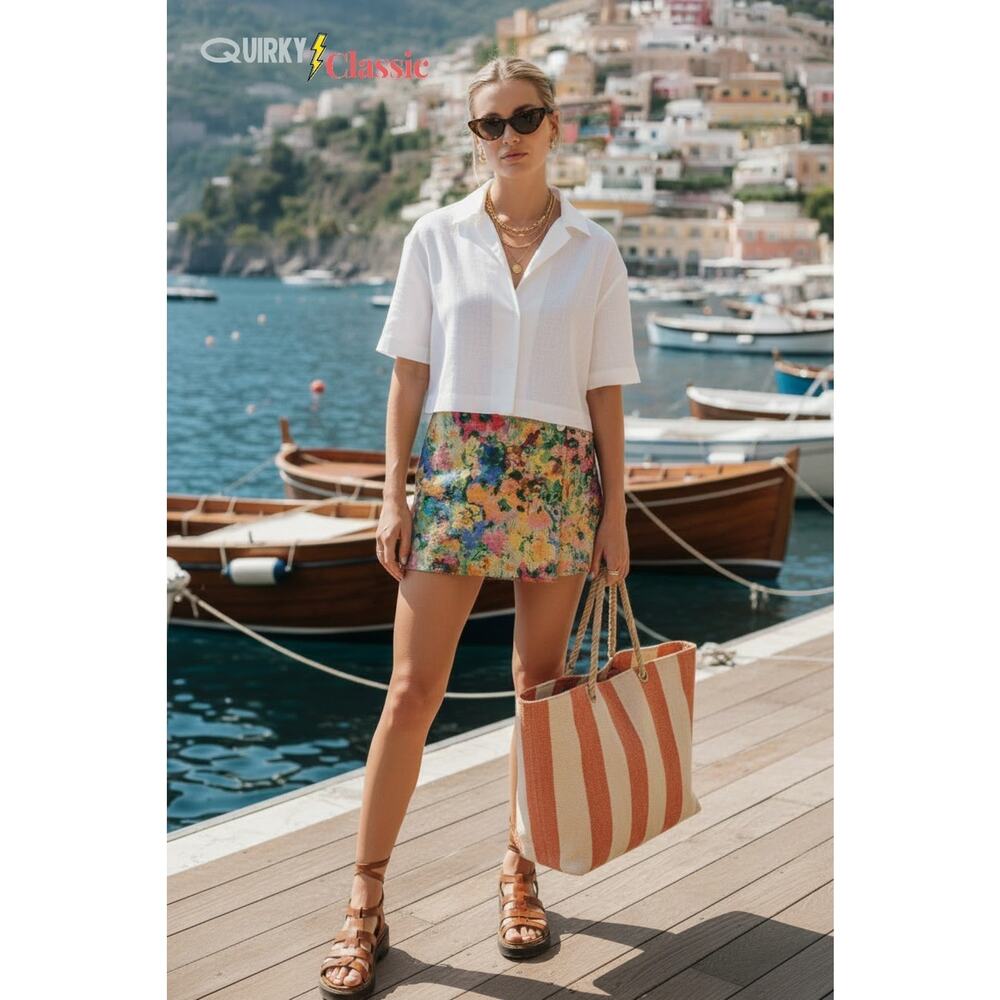Benjamin Benmoyal Wrap Mini Skirt, Size S Multicolor Flower Jacquard Spring Luxe